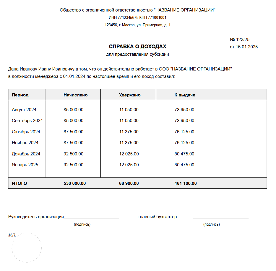 Справка о доходах на субсидию в 2025 году - образец заполнения 2
